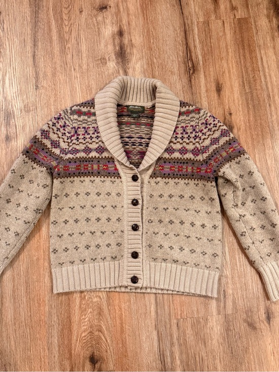 Eddie Bauer Sweaters - Vintage Eddie Bauer Wool Cardigan Shawl Neck Fair Isle Grey Purple Sweater Large